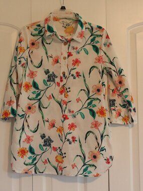 Elsie & Zoey White Collard Tunic Blouse Floral Paradise Print 3/4 Sleeve Sz Med
